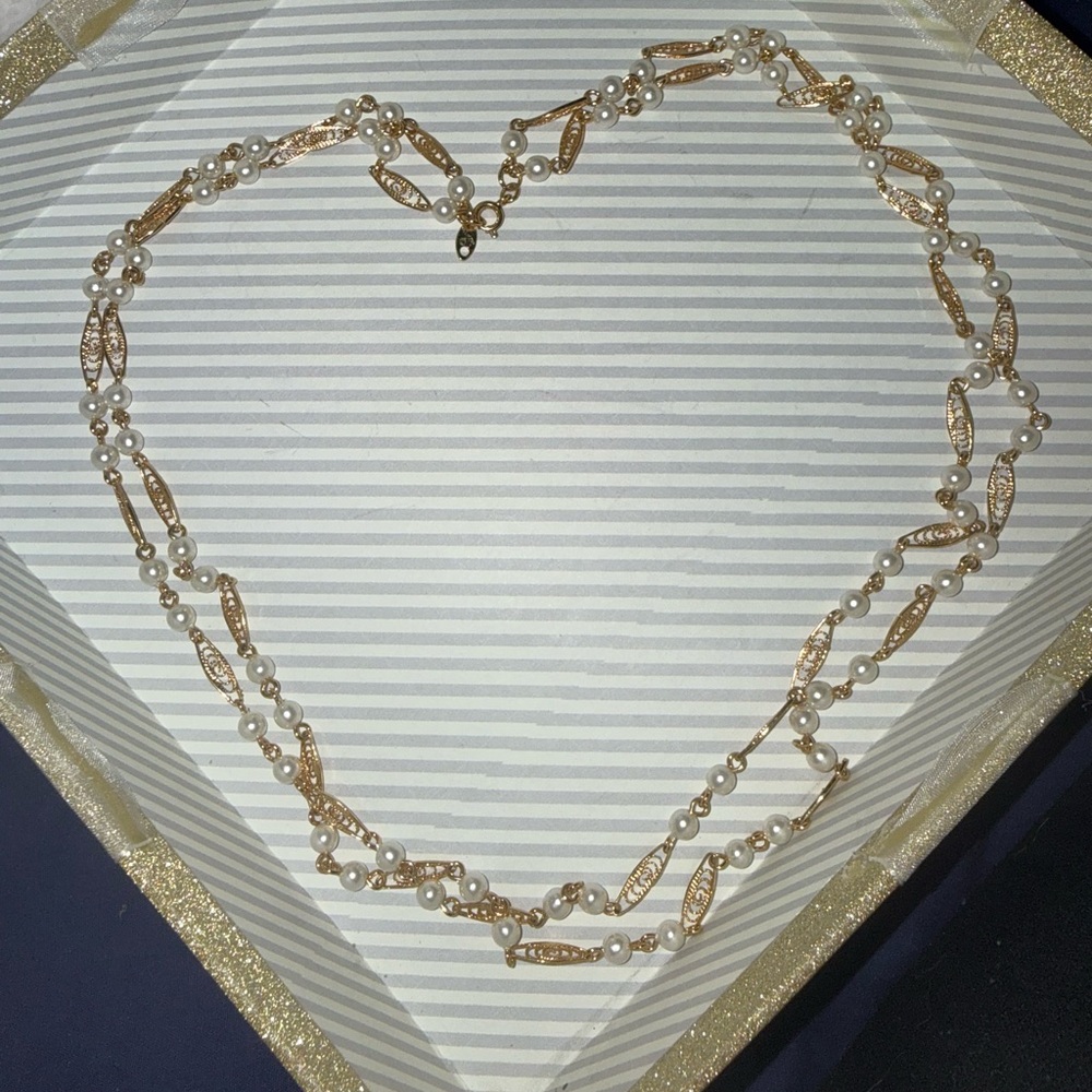 Vintage Trifari Gold Tone and Faux Pearl 2 Strands Necklace